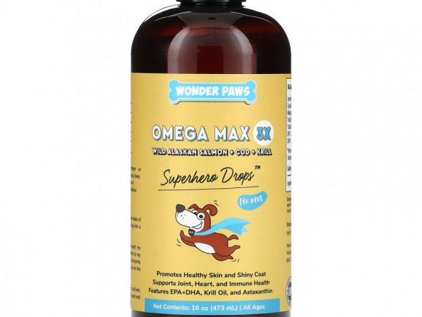 Wonder Paws, Superhero Drops для собак, Omega Max 3X, дикий аляскинский лосось, наложенный платеж и криль, для всех возрастов, 473 мл (16 унций)