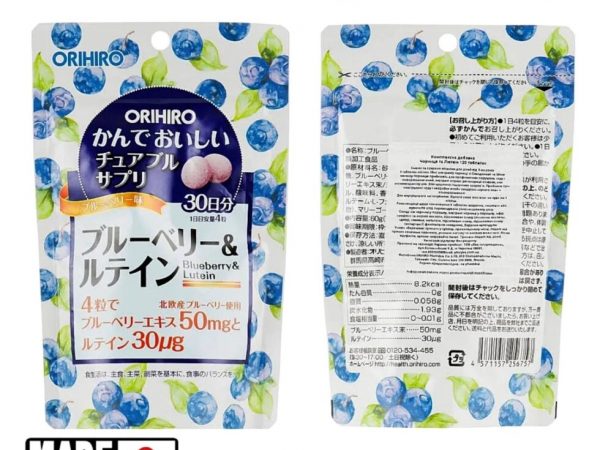 Orihiro Blueberry  Lutein Черника и Лютеин для улучшения зрения, курс на 30 дней, 120 таблеток. Япония
