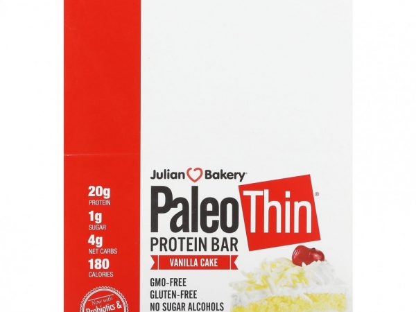 Julian Bakery, Paleo Thin Protein Bar, ванильный торт, 12 батончиков, 62 г (2,19 унции)