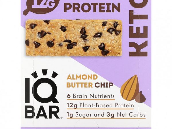 IQBAR, Plant Protein Bar, чипсы из миндального масла, 12 батончиков, по 45 г (1,6 унции)