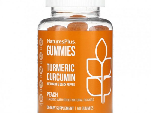 NaturesPlus, Куркумин с имбирем и черным перцем, персик, 60 жевательных таблеток