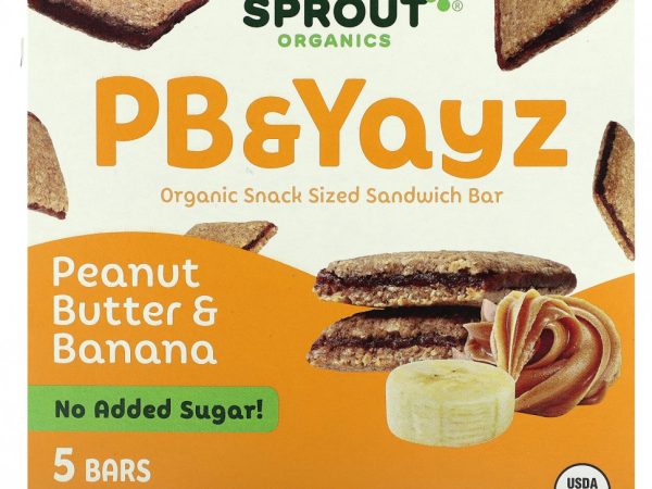 Sprout Organics, PB & Yayz, органический сэндвич-батончик для снеков, арахисовое масло и банан, 5 батончиков, 29 г (1,02 унции)