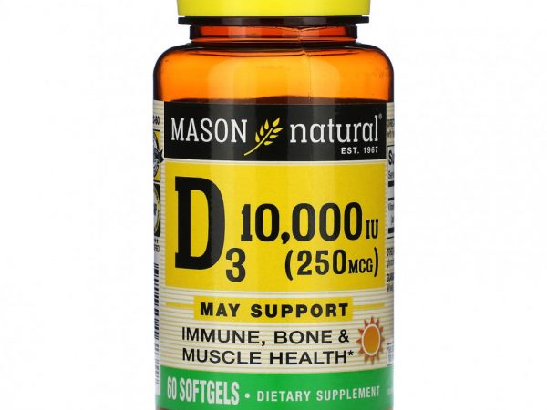 Mason Natural, Витамин D3, 250 мкг (10 000 МЕ), 60 мягких таблеток