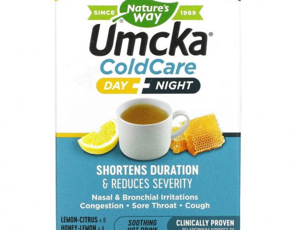Nature's Way, Umcka, Cold Care, день + ночь, успокаивающий горячий напиток, лимон и цитрус, мед и лимон, 12 пакетиков по 5 г (0,17 унции) каждый (8 шт. на день и 4 шт. на ночь)