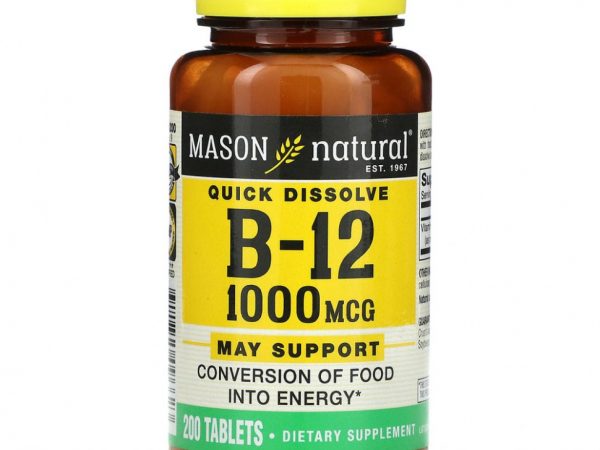 Mason Natural, Витамин B12, быстрорастворимый, 1000 мкг, 200 таблеток