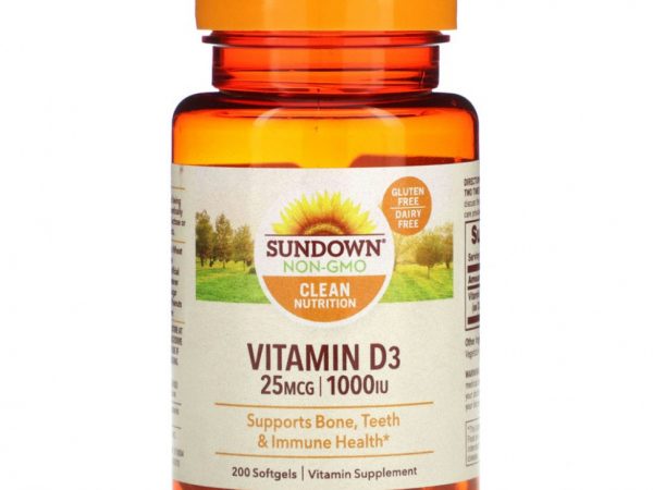 Sundown Naturals, Витамин D3, 25 мкг (1000 МЕ), 200 мягких таблеток