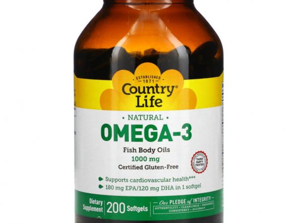 Country Life, омега-3, 1000 мг, 200 мягких таблеток