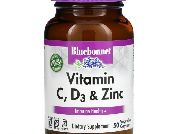 Bluebonnet Nutrition, Витамин C, D3 и цинк, 50 растительных капсул