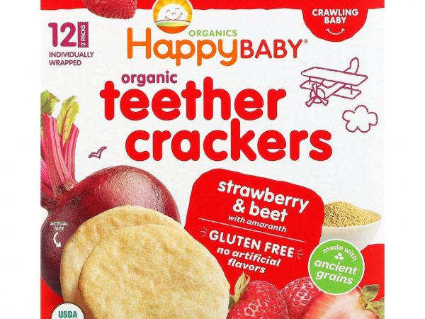 Happy Family Organics, органические крекеры для режущихся зубок, клубника и свекла с амарантом, 12 упаковок по 4 г (0,14 унции)