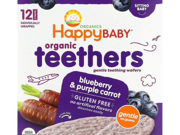 Happy Family Organics, Organic Teethers, вафли для мягкого прорезывания зубов у сидящих малышей, голубика и фиолетовая морковь, 12 пакетиков по 4 г (0,14 унции)