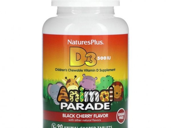 NaturesPlus, Source of Life, Animal Parade, витамин D3, без сахара, с натуральным вкусом черешни, 12,5 мкг (500 МЕ), 90 таблеток в форме животных