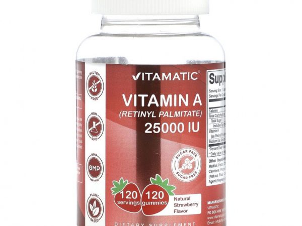 Vitamatic, Витамин A (ретинилпальмитат), натуральная клубника, 2500 МЕ, 120 жевательных таблеток
