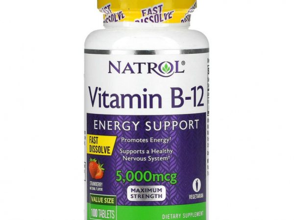 Natrol, Витамин B12, быстрорастворимый, максимальная эффективность, клубника, 5000 мкг, 100 таблеток