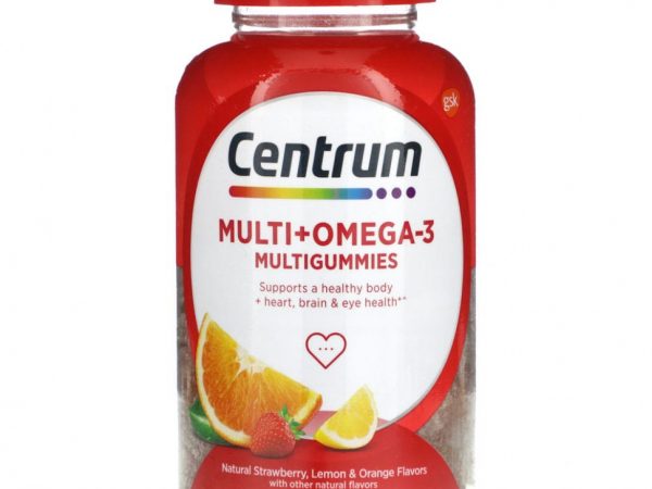 Centrum, Multigummies + Omega-3, натуральная клубника, лимон и апельсин, 110 жевательных таблеток
