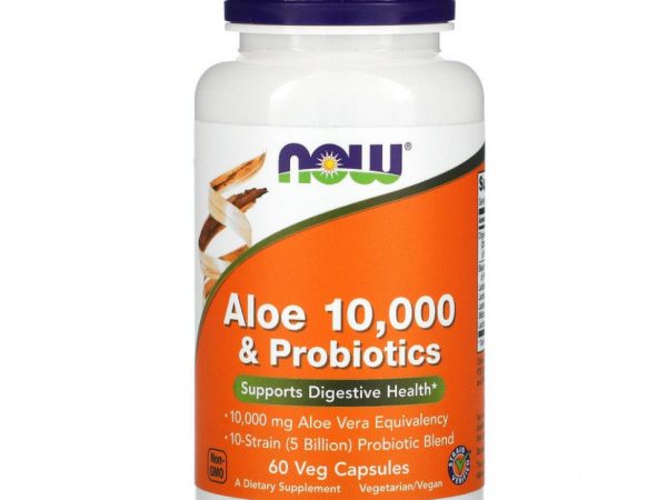 NOW Foods, алоэ 10 000 с пробиотиками, 60 растительных капсул