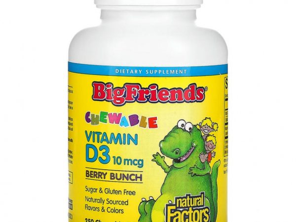 Natural Factors, Big Friends, жевательный витамин D3, ягодный вкус, 10 мкг, 250 жевательных таблеток