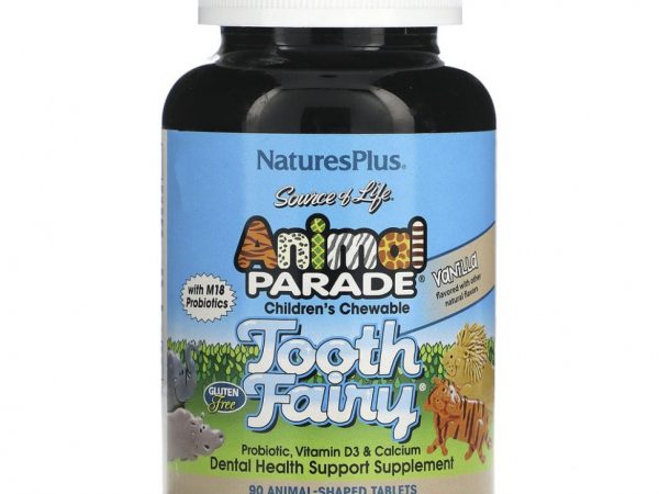 NaturesPlus, Source of Life, Animal Parade, детский жевательный пробиотик от зубной феи с пробиотиками M18, натуральный вкус ванили, 90 таблеток в форме животных