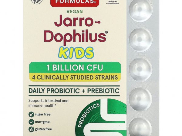 Jarrow Formulas, Jarro-Dophilus Kids, пробиотик + пребиотик, без сахара, натуральный малиновый вкус, 1 миллиард живых бактерий, 60 жевательных таблеток