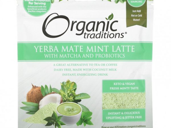 Organic Traditions, Мятный латте Yerba Mate с матча и пробиотиками, 150 г (5,3 унции)