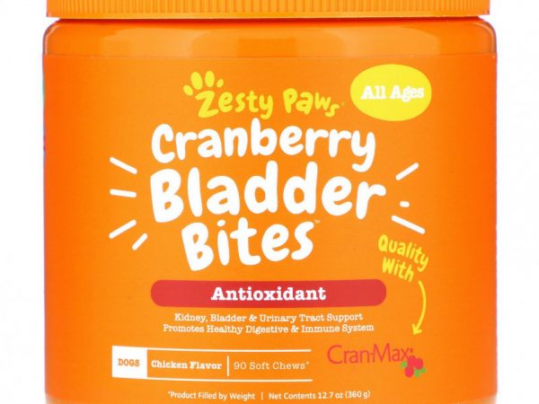 Zesty Paws, Cranberry Bladder Bites, добавка для собак с антиоксидантами, для любого возраста, со вкусом курицы, 90 мягких жевательных таблеток, 360 г (12,7 унции)