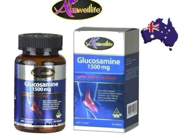 Глюкозамин и Акулий Хрящ для суставов, связок и костей Auswelllife Glucosamine 1500 mg with Shark Cartilage