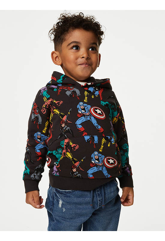 MARKS & SPENCER KIDS Boy Toddler Hoodie Cotton Rich Marvel Charcoal Mix