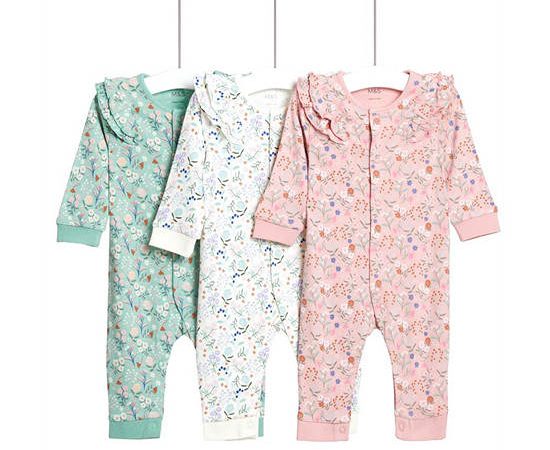 MARKS & SPENCER KIDS Girl Toddler Sleepsuits Pure Cotton Floral 3 pk Multi-Color