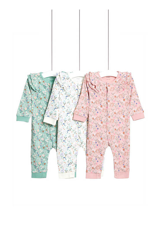MARKS & SPENCER KIDS Girl Toddler Sleepsuits Pure Cotton Floral 3 pk Multi-Color