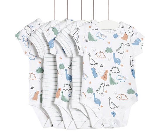 MARKS & SPENCER KIDS Boy Toddler Bodysuits Pure Cotton Dinosaur 5 pk Ivory Mix
