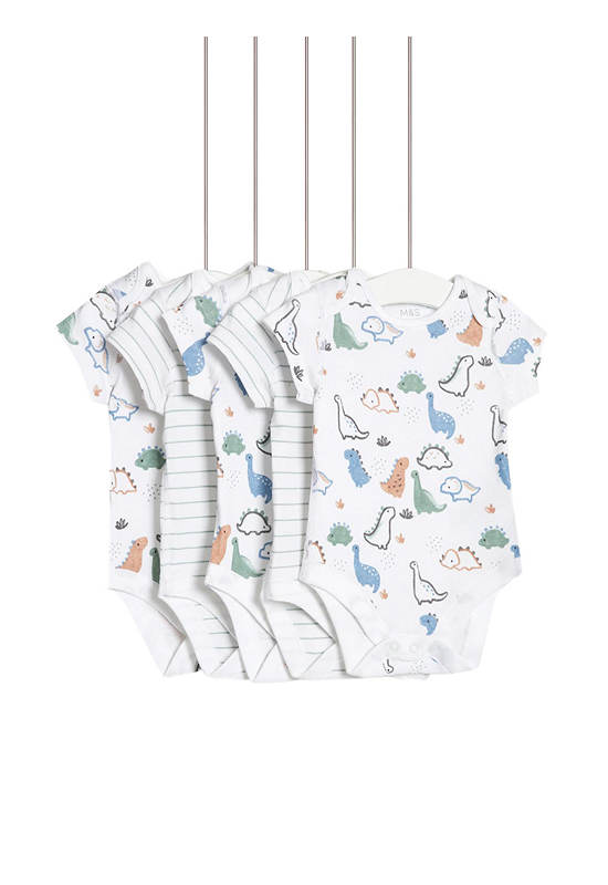 MARKS & SPENCER KIDS Boy Toddler Bodysuits Pure Cotton Dinosaur 5 pk Ivory Mix