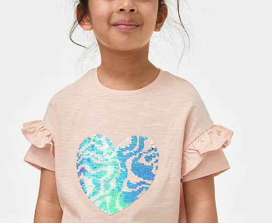 MARKS & SPENCER KIDS Girl Toddler T-Shirt Pure Cotton Reversible Sequin Blush