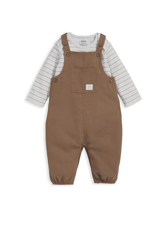 MAMAS & PAPAS Boy Infant Stripe Bodysuit & Dungarees Outfit Set Toffee Brown