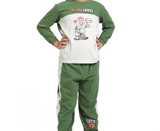 ANGEL KIDS Boy Pyjamas Jumper-Sleeve T-Shirt + Pants Screened Green