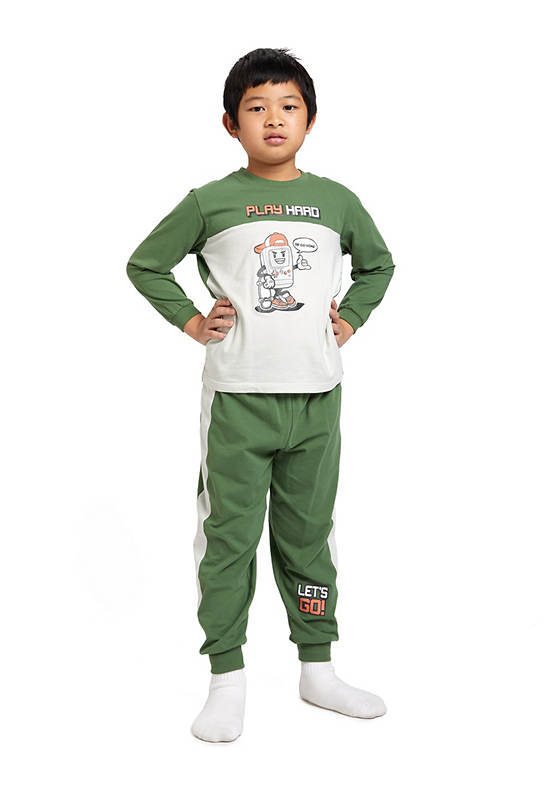 ANGEL KIDS Boy Pyjamas Jumper-Sleeve T-Shirt + Pants Screened Green