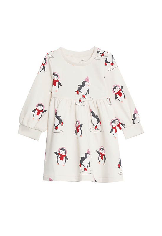 MARKS & SPENCER KIDS Girl Toddler Dress Cotton Rich Penguin Cream