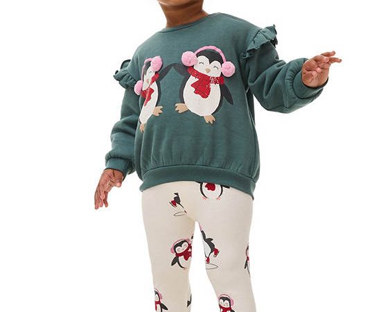 MARKS & SPENCER KIDS Girl Toddler Outfit Cotton Rich Penguin 2 Pc Green Mix