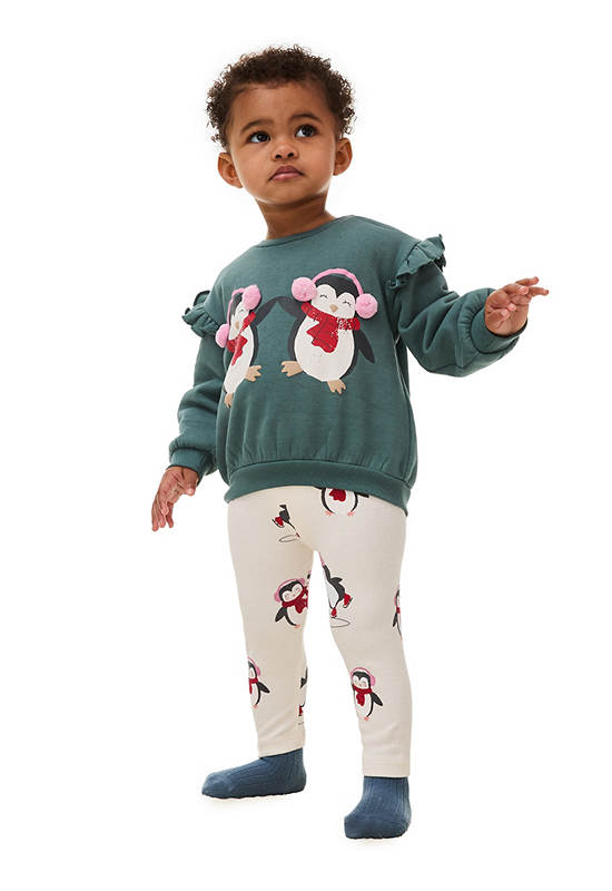 MARKS & SPENCER KIDS Girl Toddler Outfit Cotton Rich Penguin 2 Pc Green Mix