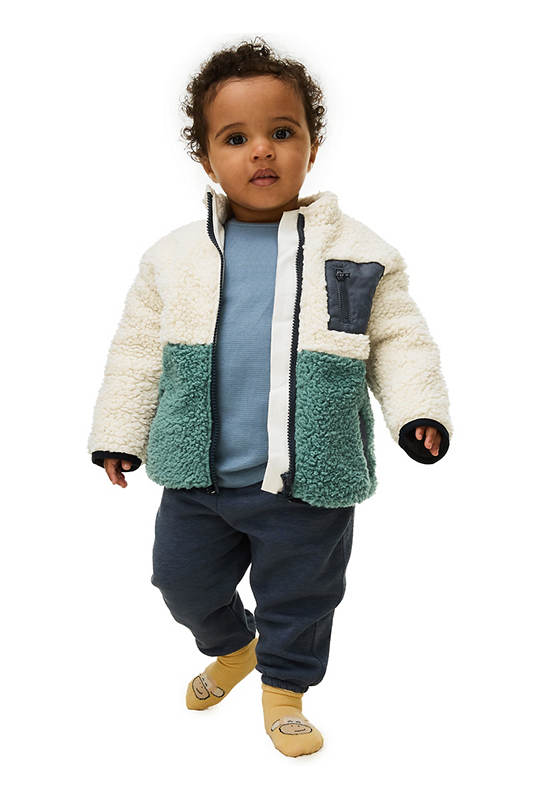 MARKS & SPENCER KIDS Boy Toddler Jacket Borg Colour Block Zip Navy Mix