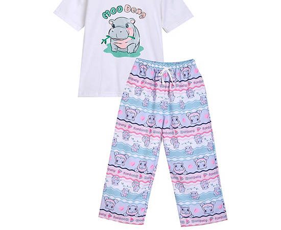 MINI MONO Unisex Kids Set T-Shirt Round Neck + Pants Moodeng Print White