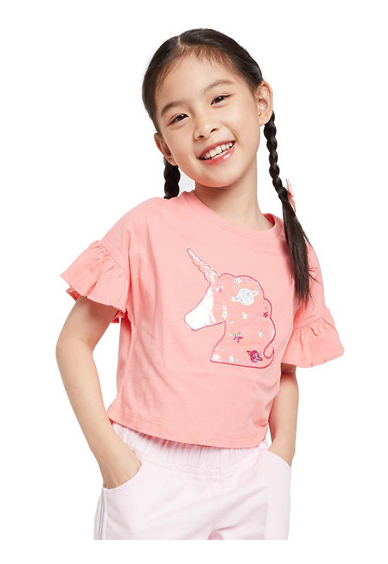 FOF KIDS Girl T-Shirt Ruffle Sleeves Unicorn Print Pink
