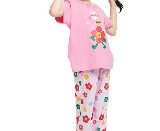 ANGEL KIDS Girl Pyjamas Set Short Sleeves T-shirt + Pants Floral Print Pink