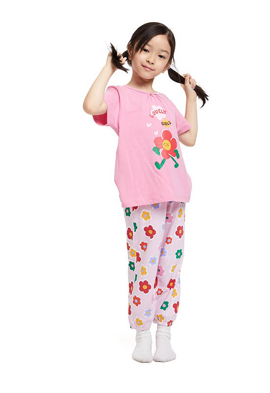 ANGEL KIDS Girl Pyjamas Set Short Sleeves T-shirt + Pants Floral Print Pink