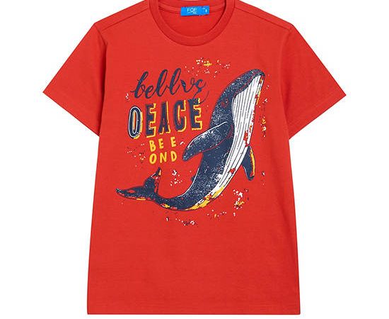FOF KIDS Boy T-Shirt Short Sleeves Crew Neck Shark Print Red