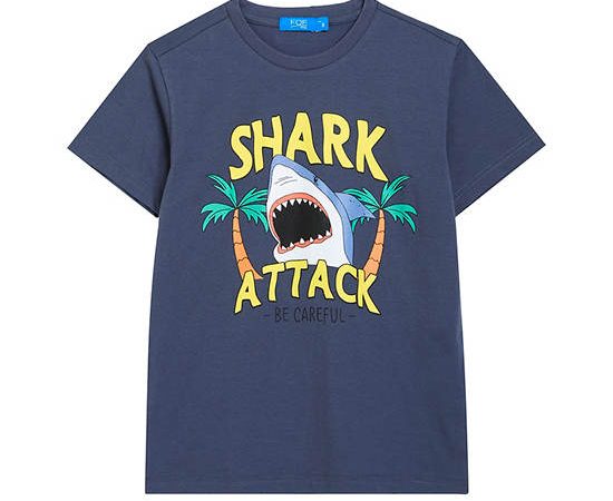 FOF KIDS Boy T-Shirt Short Sleeves Crew Neck Shark Print Blue/Grey