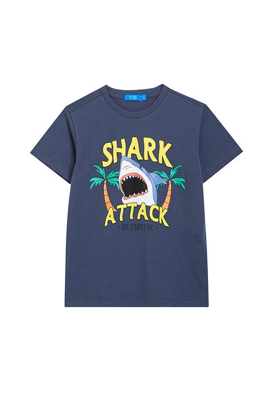 FOF KIDS Boy T-Shirt Short Sleeves Crew Neck Shark Print Blue/Grey