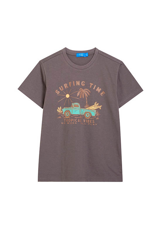 FOF KIDS Boy T-Shirt Short Sleeves Crew Neck Car Print Charcoal