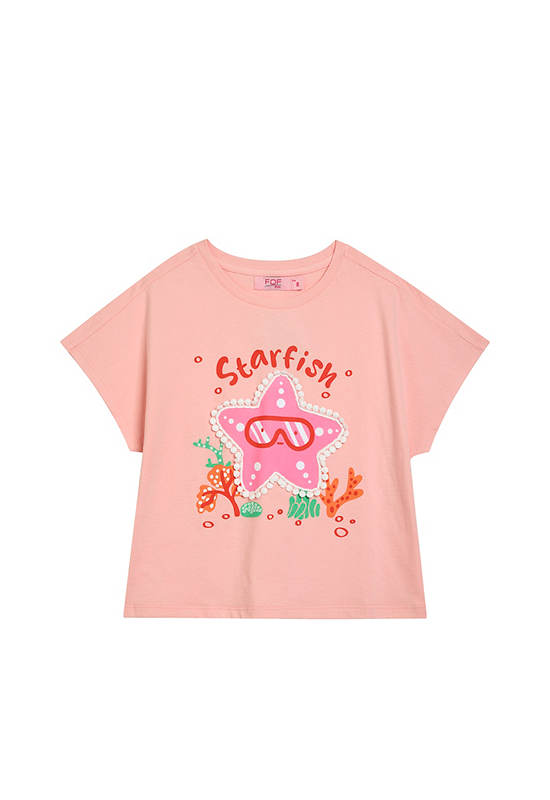 FOF KIDS Girl T-Shirt Sleeveless Crew Neck Star Fish Print Orange