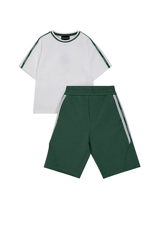 EMPORIO ARMANI Boy Set T-Shirt Short Sleeves Crew Neck + Shorts SS25 Off White Top / Myrtle Shorts