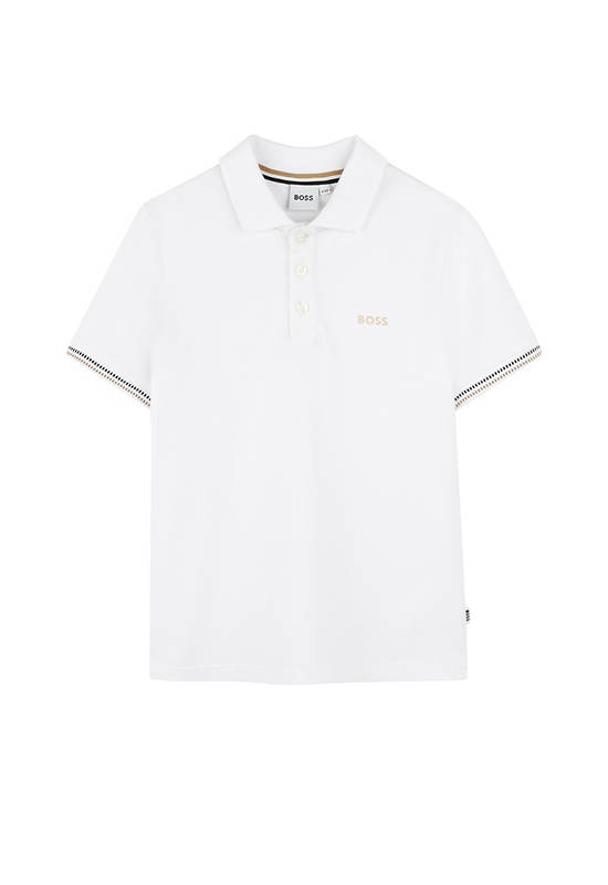 BOSS KIDS Boy Polo Shirt Short Sleeves Ribbed Cuffs Button Placket White