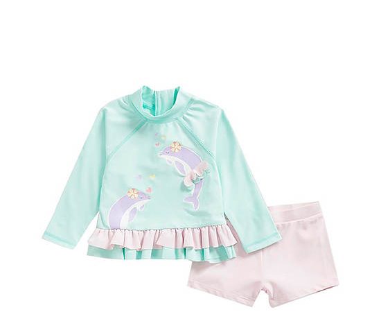 MOTHERCARE Girl Toddler Swim Set Rash Vest + Short Dolphin Print Multi-Color
